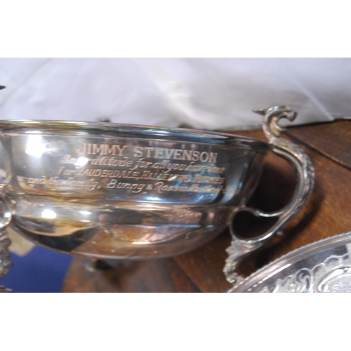 22 - Group of EP to include a large engraved presentation bowl, tray, salver, circular tray and a silver-... 