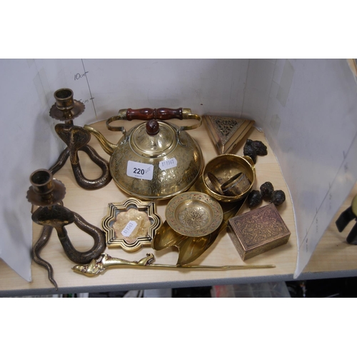 220 - Small collection of Indian brass to include pair of candlesticks, teapot, brass ornaments etc.