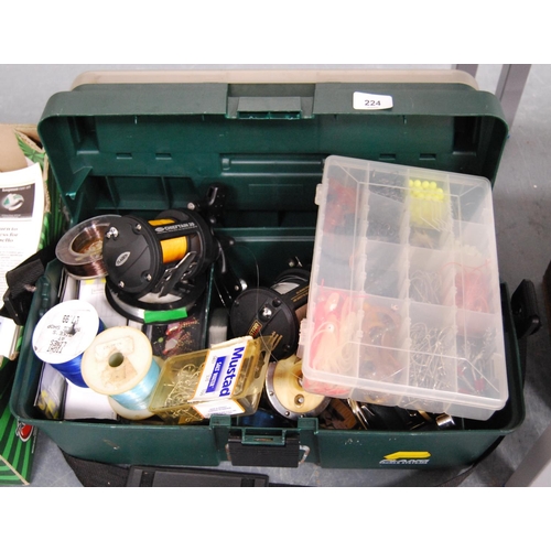 224 - Tackle box containing assorted flies, tackle, reels to include Mitchell reels, Fladen Chieftain 30 r... 