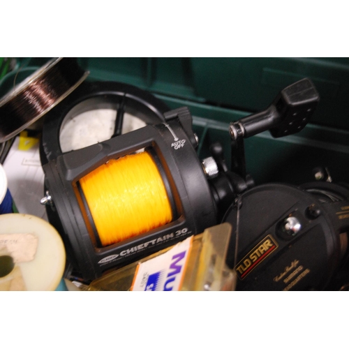 224 - Tackle box containing assorted flies, tackle, reels to include Mitchell reels, Fladen Chieftain 30 r... 