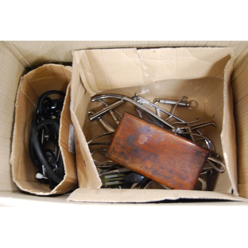 233 - Two cartons containing vintage medical accessories, instruments and implements to include syringes, ... 