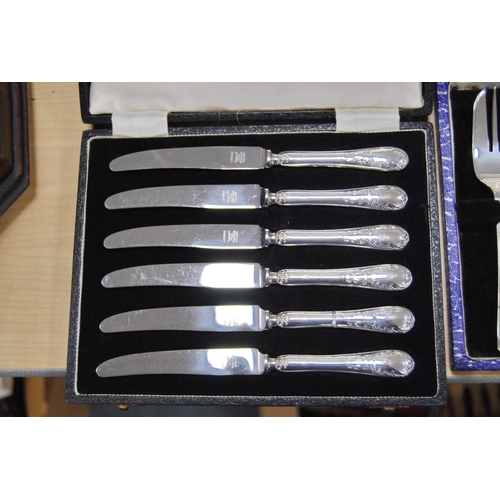 234 - Set of six fish knives and forks with horn-style handles, set of six silver-handled butter knives an... 