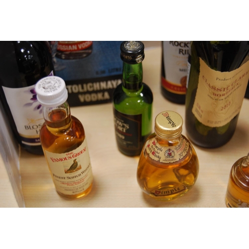 235 - Whisky, spirit and liqueur miniatures to include Dimple whisky, Famous Grouse, Bells, Dow's 1989 por... 