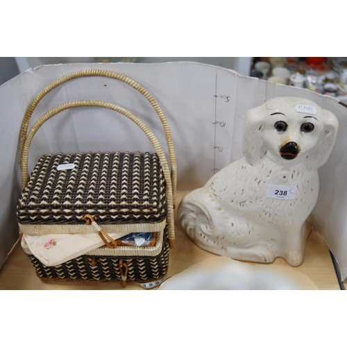 238 - Wally dog with amber-coloured glass eyes, and a basket containing sewing accessories, threads etc.