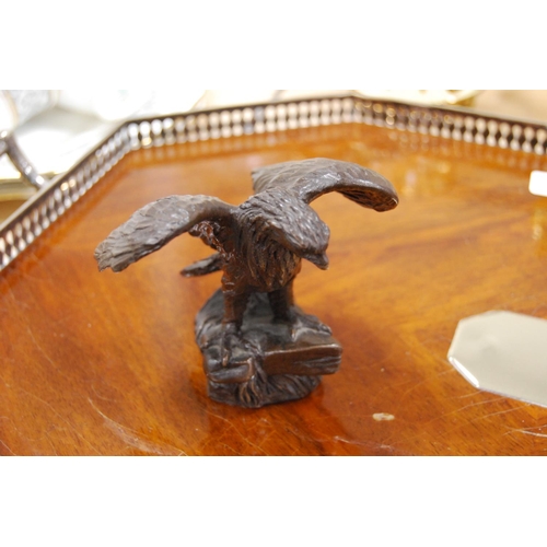 243 - EP-mounted galleried tray and a resin figure of an eagle.  (2)