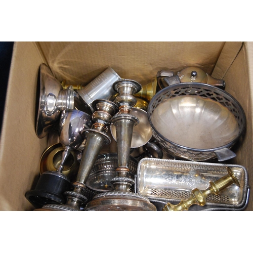 25 - Large carton containing a quantity of EP and brass to include various candlesticks, bowls, entr&eacu... 