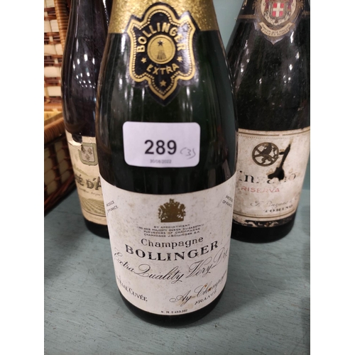 289 - Vintage bottle of Bollinger Extra champagne, 70cl, a bottle of Rose d'Anjou wine and bottle of Cinza... 