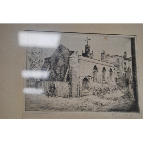 29 - HB Andrews 'The Strand', 'St Brides from Salisbury' and another 'Cliffords Inn Hall', etchings.  (3)... 