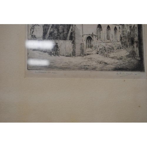 29 - HB Andrews 'The Strand', 'St Brides from Salisbury' and another 'Cliffords Inn Hall', etchings.  (3)... 