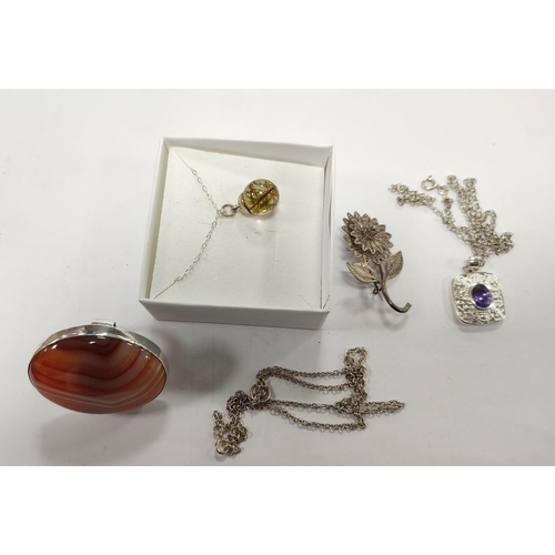 296 - Silver banded agate ring, filigree brooch and a silver pendant on chain.