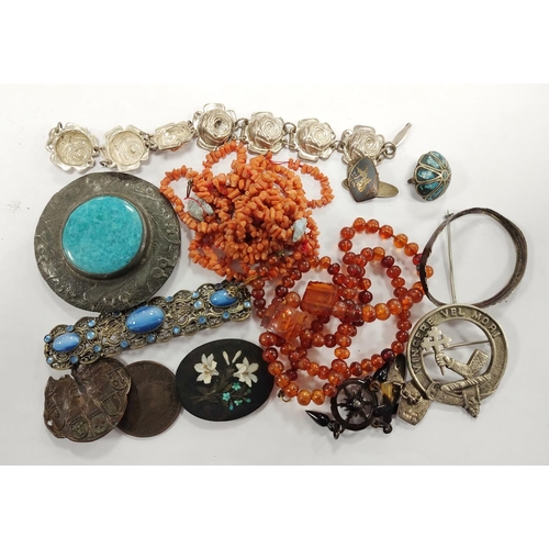 300 - Ruskin-style pewter brooch, pietra dura brooch insert, a coral-style necklace and a clan brooch etc.