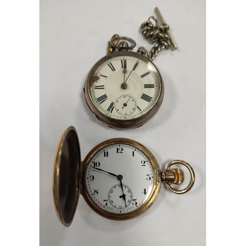 306 - Late Victorian silver-cased pocket watch with white metal albert chain and another rolled gold pocke... 