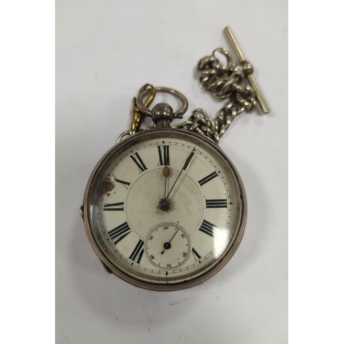 306 - Late Victorian silver-cased pocket watch with white metal albert chain and another rolled gold pocke... 