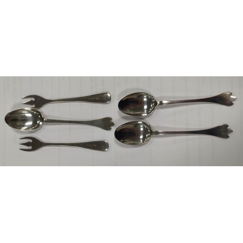 316 - Set of six loose silver trefid coffee spoons, 64.4g gross, and two EP pickle forks.