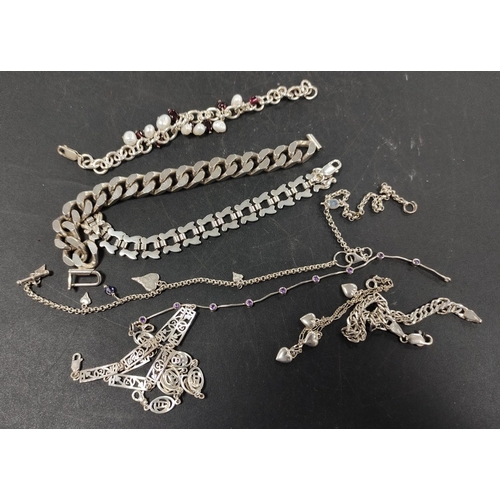 328 - Group of sterling silver bracelets and a neck chain, 64.2g gross, a white metal heavy curb link gent... 