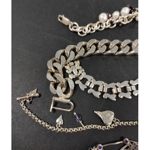 328 - Group of sterling silver bracelets and a neck chain, 64.2g gross, a white metal heavy curb link gent... 