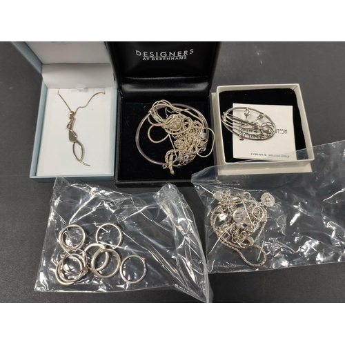 329 - Silver 925 jewellery to include bracelet, neck chains, rings, also white metal Rennie Mackintosh-sty... 