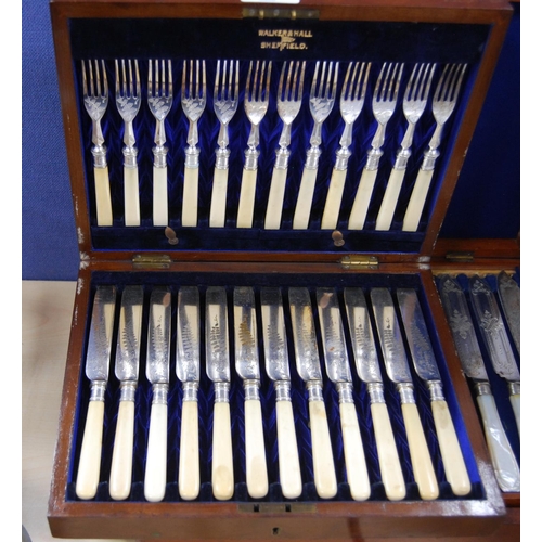 39 - Boxed set of EP twelve fruit knives and forks with bone-style handles and a cased part set of fish k... 