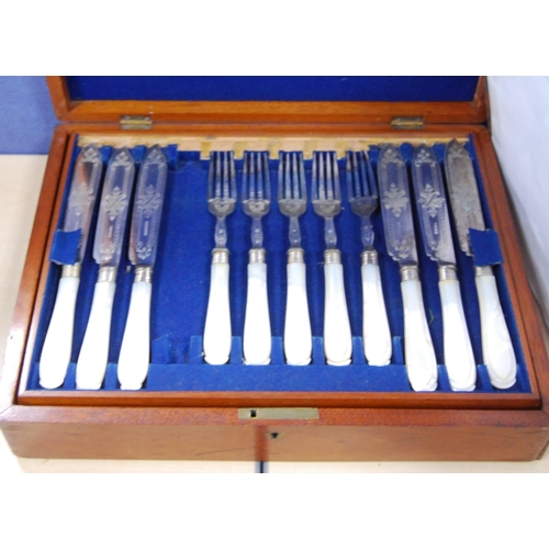 39 - Boxed set of EP twelve fruit knives and forks with bone-style handles and a cased part set of fish k... 