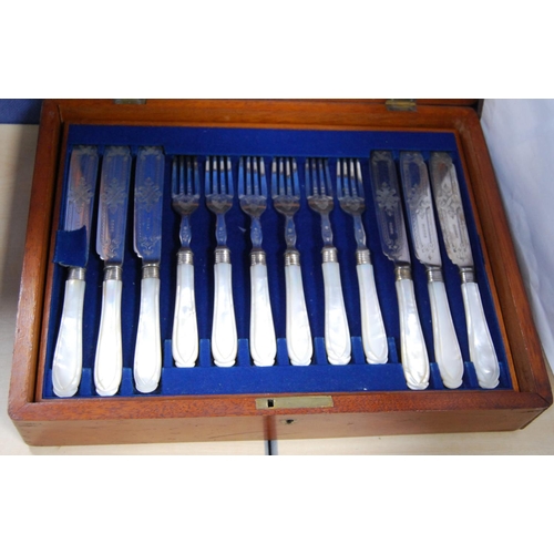 39 - Boxed set of EP twelve fruit knives and forks with bone-style handles and a cased part set of fish k... 