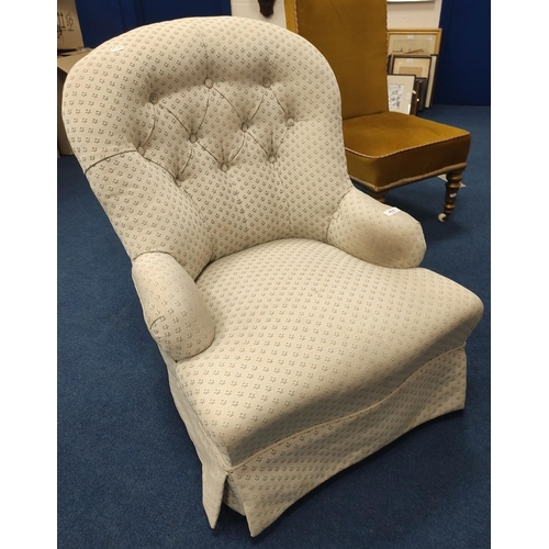 405 - Antique mahogany low armchair with later upholstery.