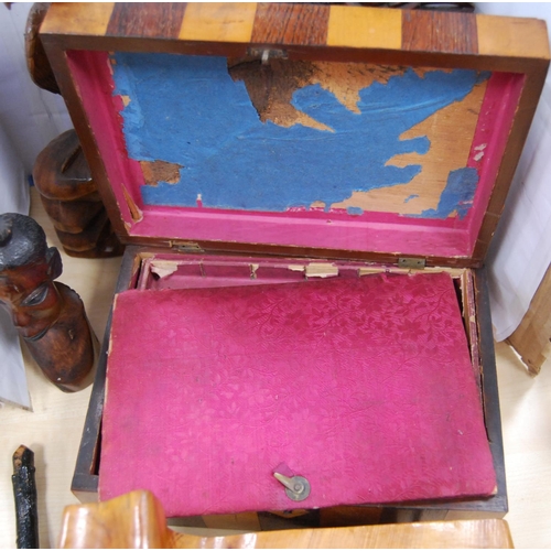 54 - Victorian rosewood portable writing box, African box, burr wood mantel clock, African-style figure, ... 