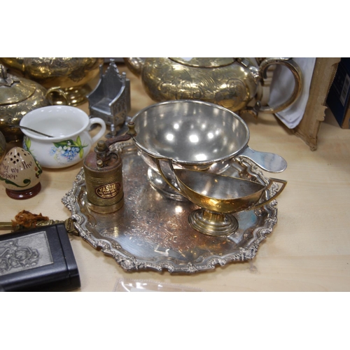 65 - EP four-piece tea set, string of faux pearls, ornaments, white metal salver and a tri-plate dressing... 