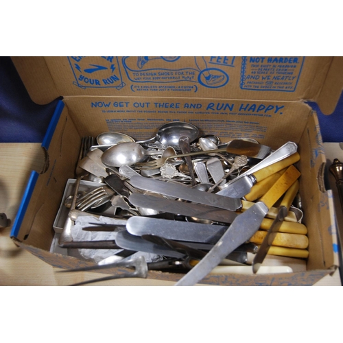 67 - Carton containing loose cutlery to include butter knives, Arthur Price teaspoons etc.