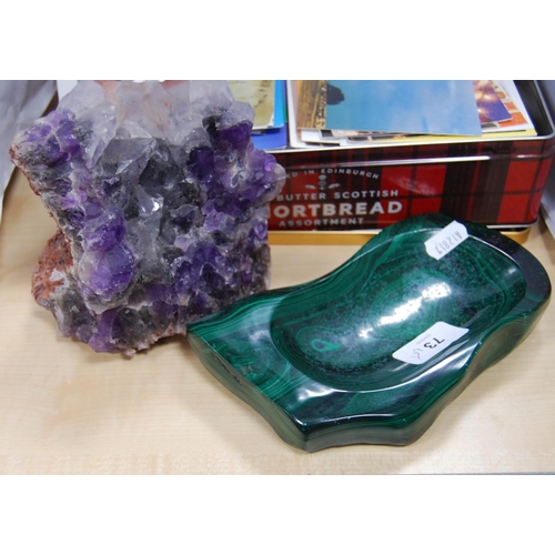 73 - Malachite ashtray, amethyst quartz geode and a collection of loose postcards.