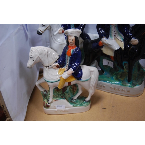 8 - Four 19th century Staffordshire flatback figures on horseback to include two each of Tom King and Di... 