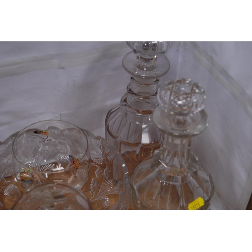 83 - Group of antique-style glass to include dimple cut ale-style glasses, two decanters with stoppers, c... 