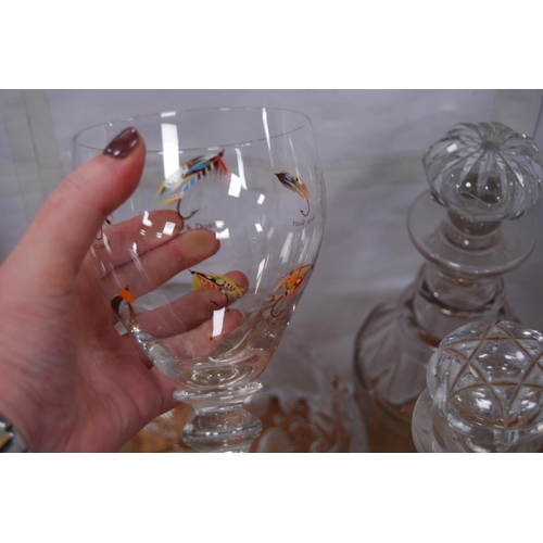 83 - Group of antique-style glass to include dimple cut ale-style glasses, two decanters with stoppers, c... 