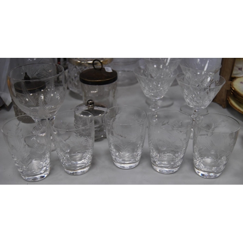 93 - Glassware to include five etched glass finger bowls, glasses, preserve jars etc.