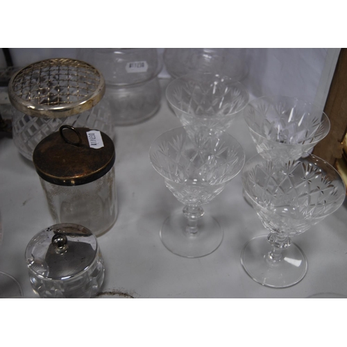 93 - Glassware to include five etched glass finger bowls, glasses, preserve jars etc.