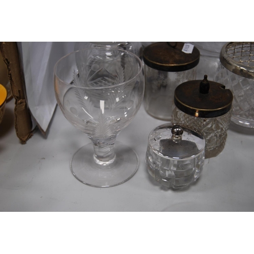 93 - Glassware to include five etched glass finger bowls, glasses, preserve jars etc.