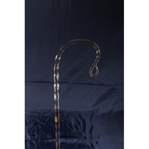 106 - Victorian Nailsea type twisted glass shepherds crook with white metal mounts, 146cm.