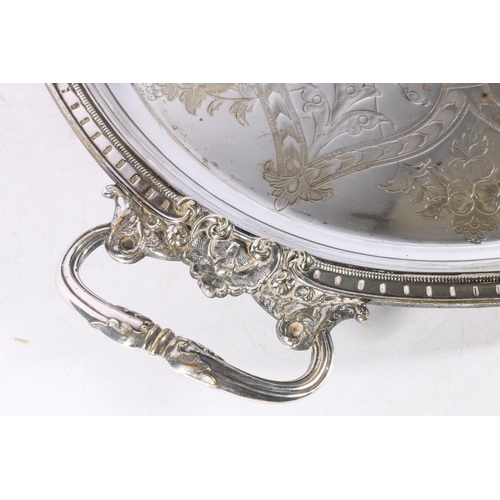 117 - Silver plated twin handled serving tray with engraved floral design by PGS, 61cm wide. 