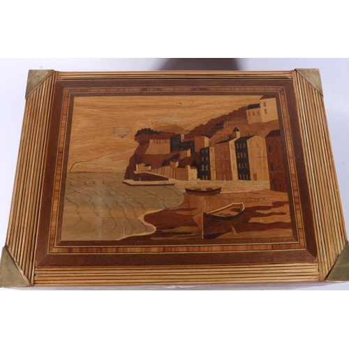 139 - Italian Sorrento ware marquetry hinge top writing slope box, 36cm wide. 