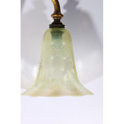 145 - Brass twin arm light fitting with a pair of opalescent trumpet glass shades. 