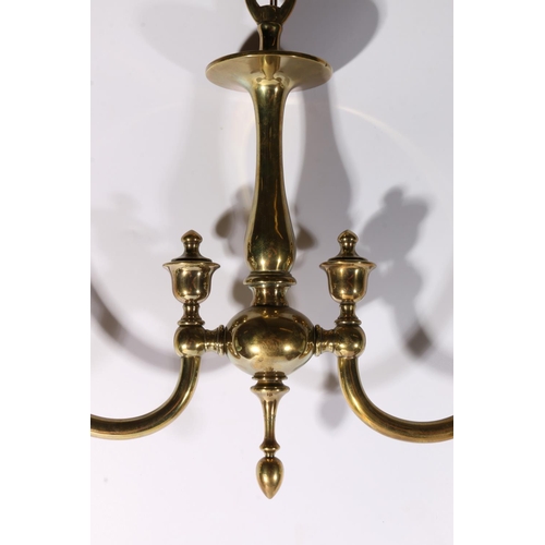 145 - Brass twin arm light fitting with a pair of opalescent trumpet glass shades. 