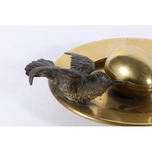 149 - Austrian cold painted bronze bird in the manner of Bergman, mounted on a brass inkwell in the form o... 