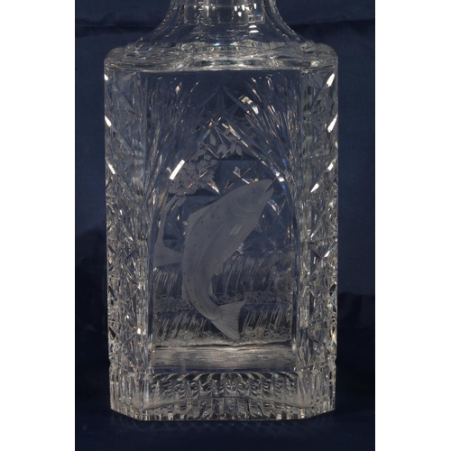 154 - Edinburgh Crystal etched and cut glass decanter of large proportions with etched design of a leaping... 