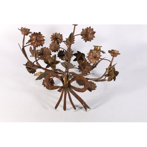 156 - French style gilt metal six branch wall light in the form of blossoming flowers with ribbon and bow,... 