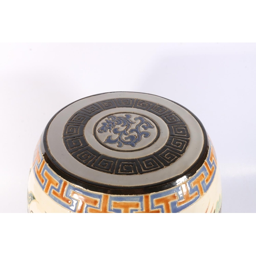 160 - Modern Chinese pottery barrel seat decorated with design of dragon chasing pearl, 39cm tall. 