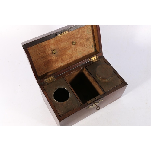 163 - Antique mahogany hinge top tea caddy, the lid opening to reveal a sectioned interior with two white ... 