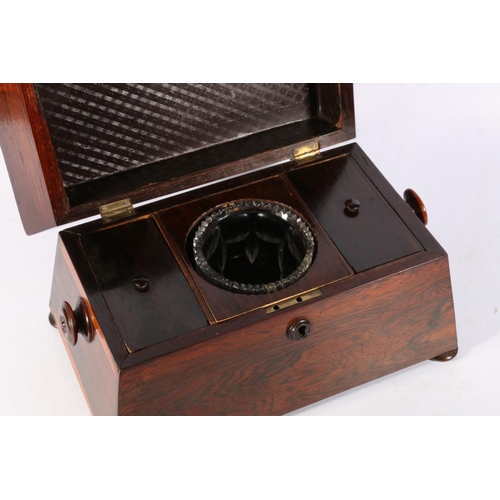 164 - Victorian rosewood tea caddy, the sarcophagus top opening to reveal a fitted interior having central... 