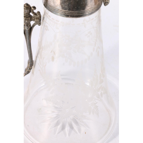 165 - Antique white metal mounted etched glass wine ewer having pineapple finial, 29cm tall.