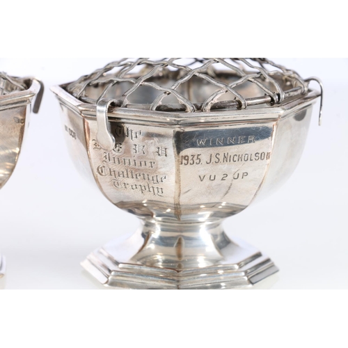 75 - Near pair of hexagonal rose bowl trophies, Atkin Brothers, Sheffield, 1934 and 1936, 190g.