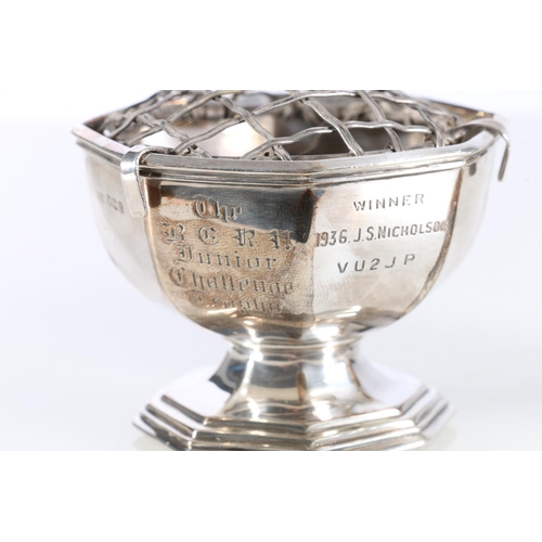 75 - Near pair of hexagonal rose bowl trophies, Atkin Brothers, Sheffield, 1934 and 1936, 190g.