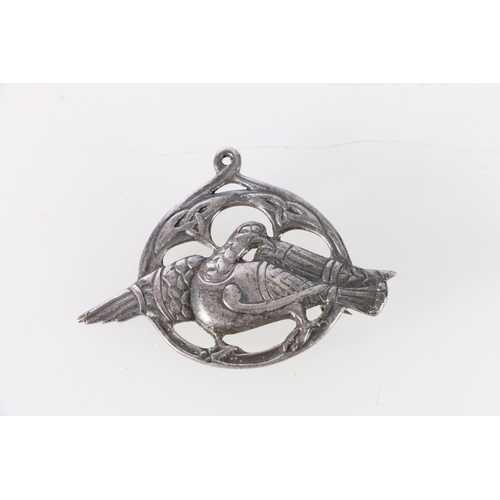 253 - Scottish silver brooch formed as bird perched withing a Celtic loop, maker Celtic Art Industry of Io... 